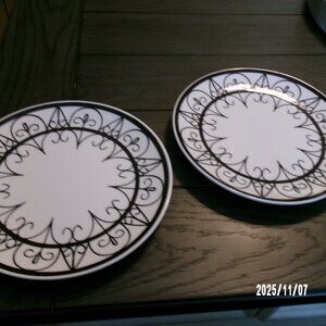 (2) Pottery Barn GRAPHIC Black White 7-1/4” SALAD DESSERT Plate SCROLL WORK